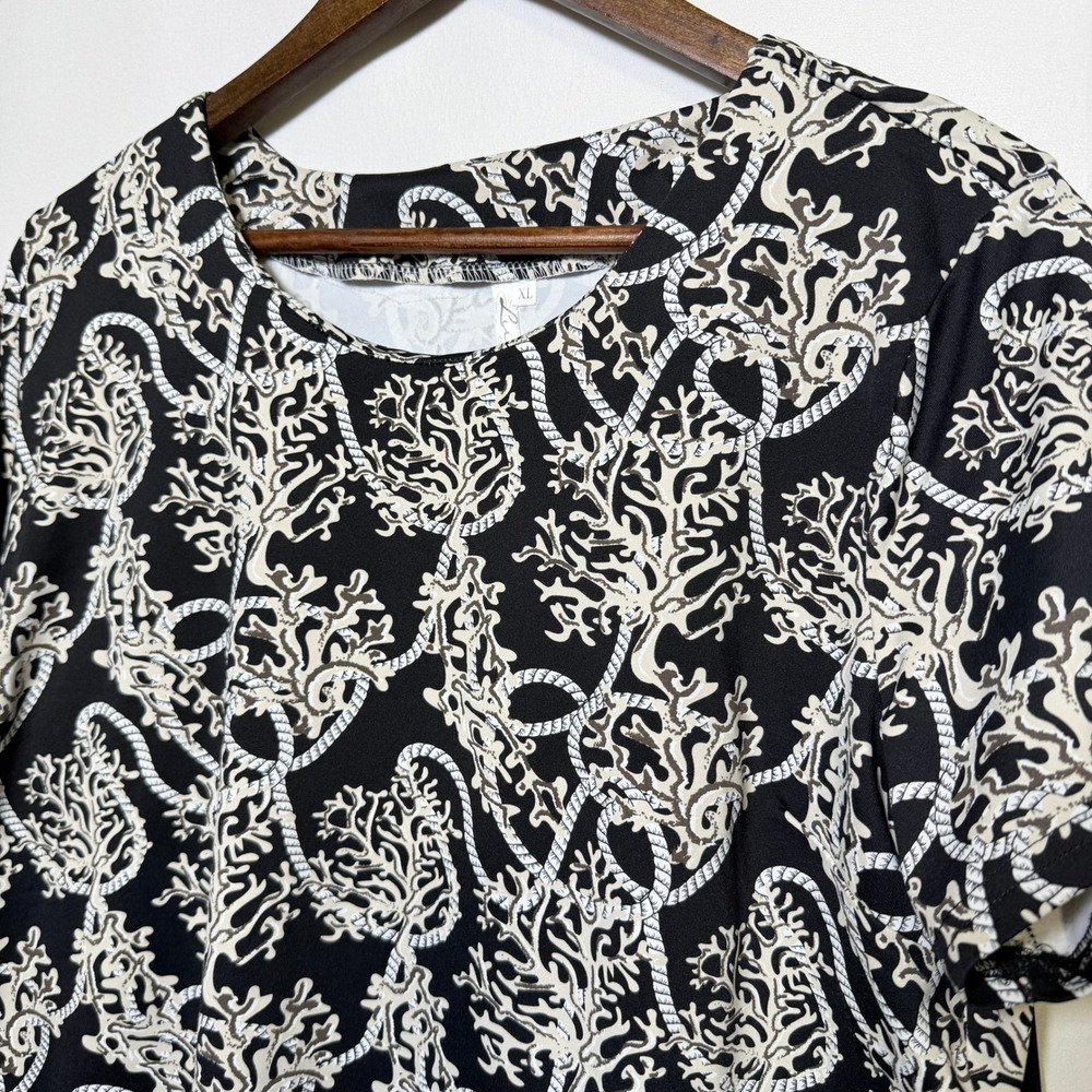 Lulu-B Womens XL Black Coral Rope Nautical Print Short Sleeve Top 5165